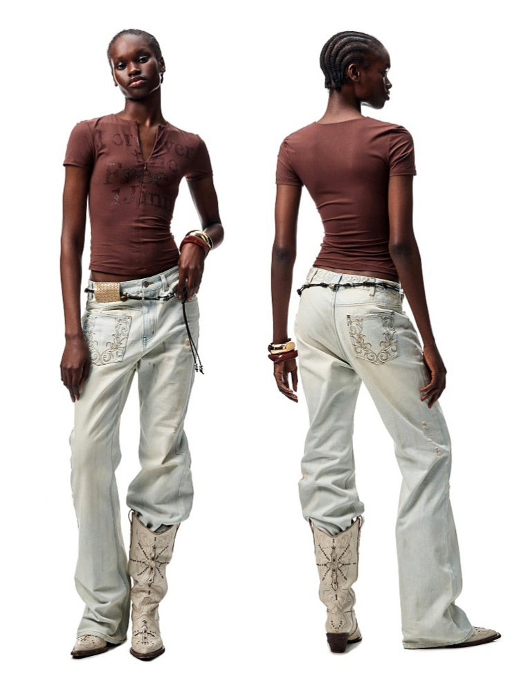 Hot-Fix Letter V-Neck Hidden Zip Slim Cropped T-Shirt【s0000012932】