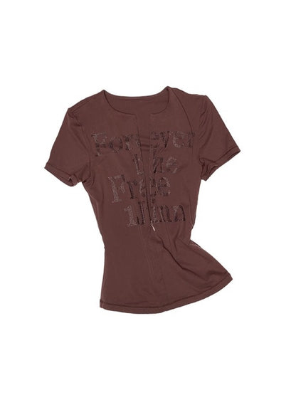 Hot-Fix Letter V-Neck Hidden Zip Slim Cropped T-Shirt【s0000012932】
