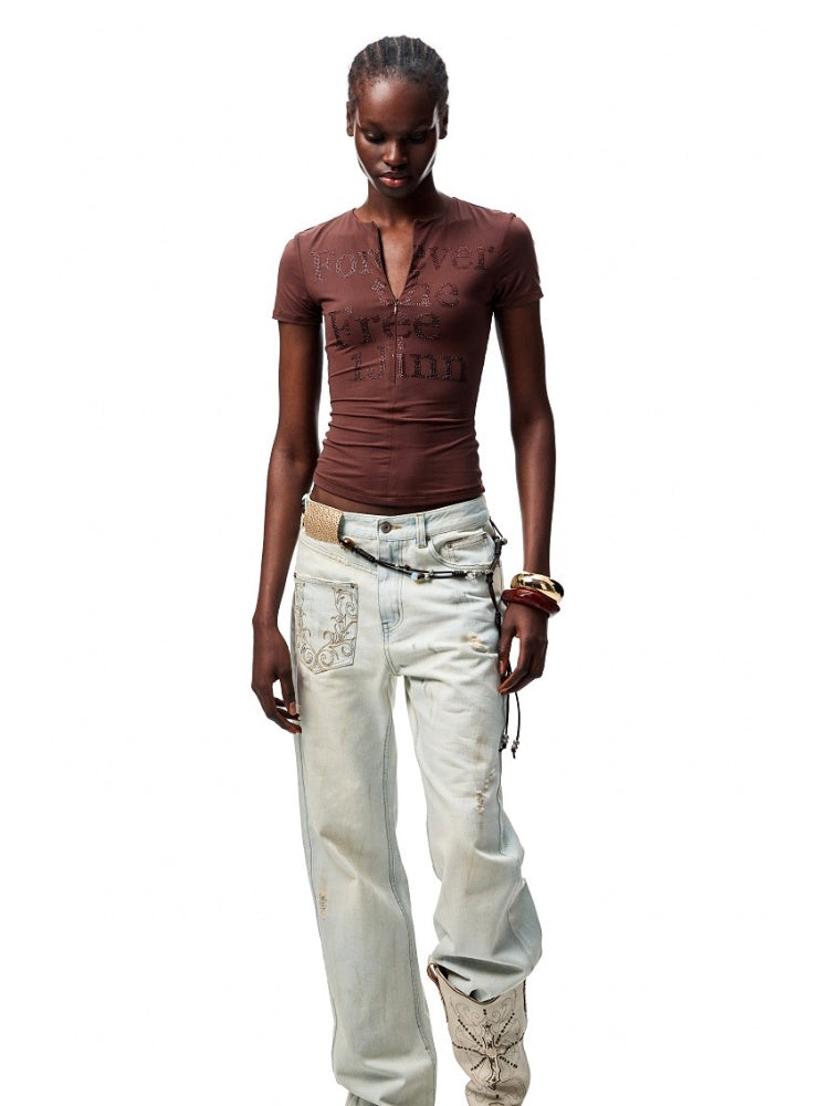 Mud Dyed Floral Embroidered washed Irregular Deconstructed Straight Leg Jeans【s0000012933】