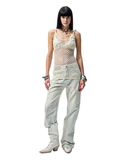 Mud Dyed Floral Embroidered washed Irregular Deconstructed Straight Leg Jeans【s0000012933】
