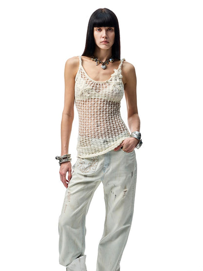 Mud Dyed Floral Embroidered washed Irregular Deconstructed Straight Leg Jeans【s0000012933】