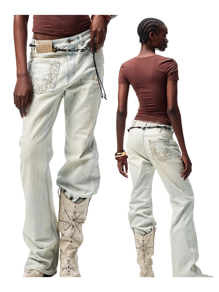 Mud Dyed Floral Embroidered washed Irregular Deconstructed Straight Leg Jeans【s0000012933】