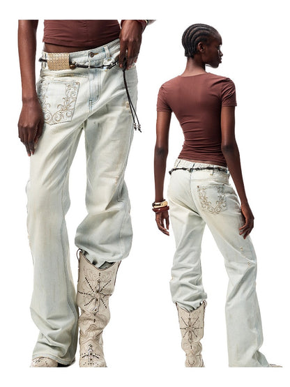 Mud Dyed Floral Embroidered washed Irregular Deconstructed Straight Leg Jeans【s0000012933】