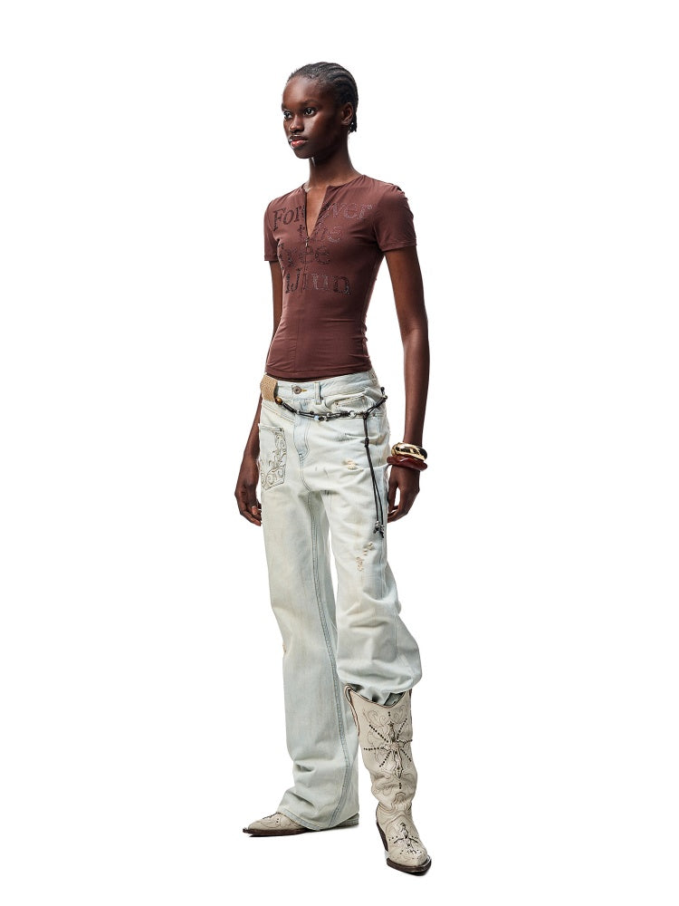 Mud Dyed Floral Embroidered washed Irregular Deconstructed Straight Leg Jeans【s0000012933】