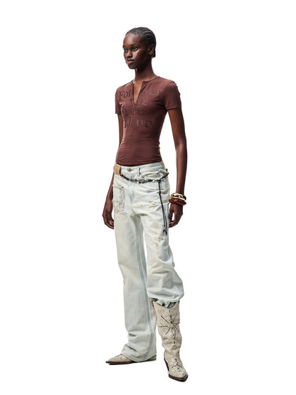 Mud Dyed Floral Embroidered washed Irregular Deconstructed Straight Leg Jeans【s0000012933】