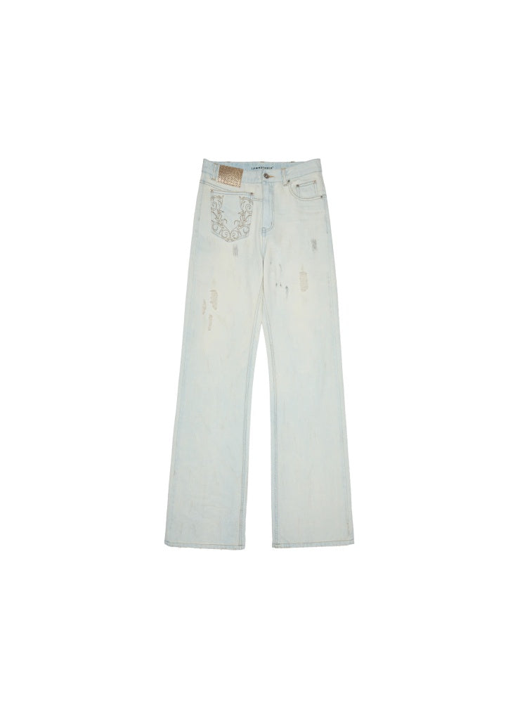 Mud Dyed Floral Embroidered washed Irregular Deconstructed Straight Leg Jeans【s0000012933】
