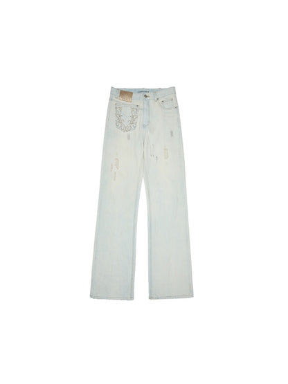 Mud Dyed Floral Embroidered washed Irregular Deconstructed Straight Leg Jeans【s0000012933】