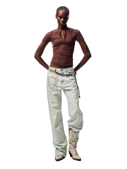 Mud Dyed Floral Embroidered washed Irregular Deconstructed Straight Leg Jeans【s0000012933】