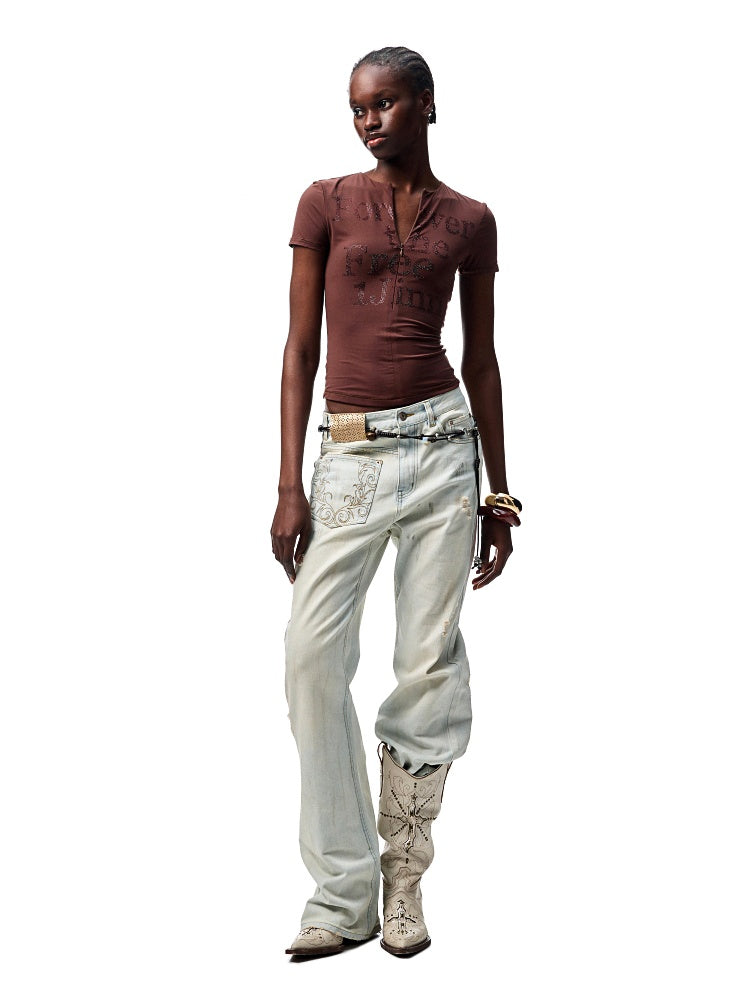 Mud Dyed Floral Embroidered washed Irregular Deconstructed Straight Leg Jeans【s0000012933】