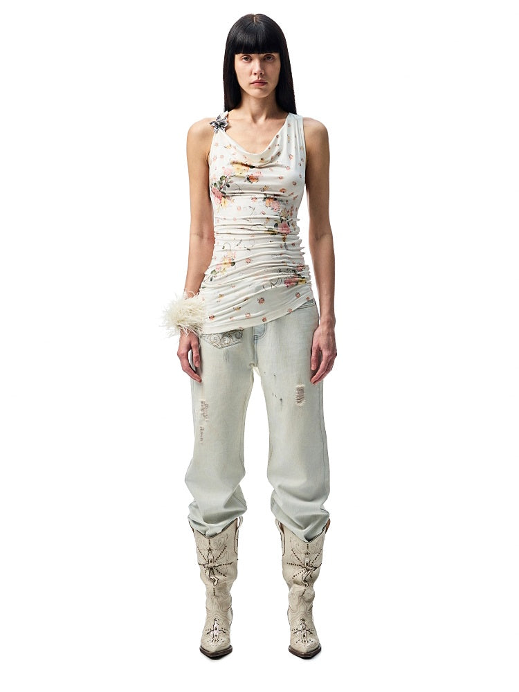 Mud Dyed Floral Embroidered washed Irregular Deconstructed Straight Leg Jeans【s0000012933】