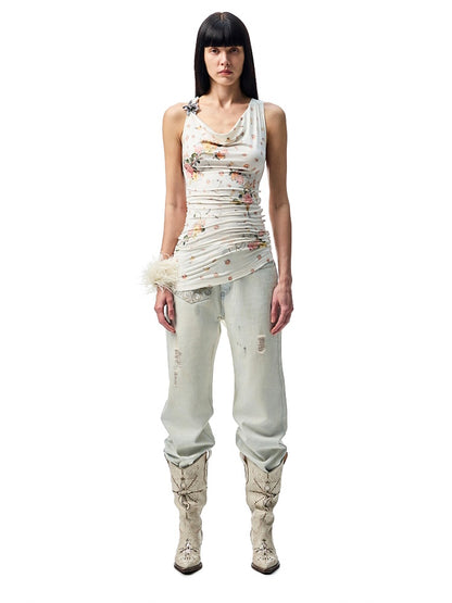 Mud Dyed Floral Embroidered washed Irregular Deconstructed Straight Leg Jeans【s0000012933】