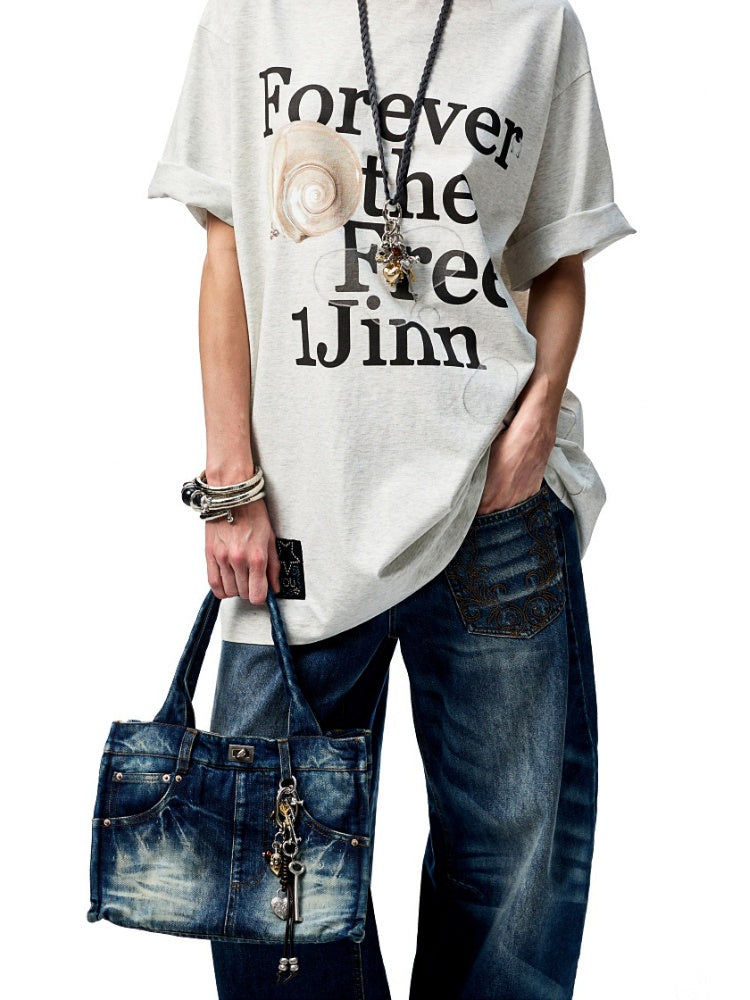 Distressed Printed Denim Embroidered Tote Bag【s0000012934】