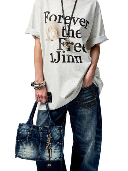 Distressed Printed Denim Embroidered Tote Bag【s0000012934】