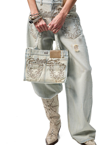 Distressed Printed Denim Embroidered Tote Bag【s0000012934】