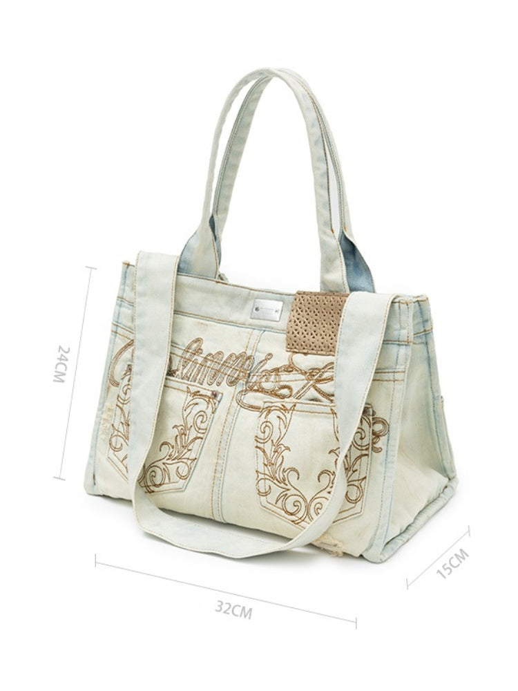 Distressed Printed Denim Embroidered Tote Bag【s0000012934】