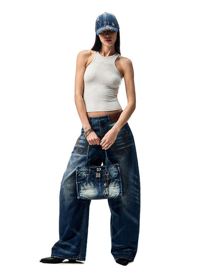 Distressed Printed Denim Embroidered Tote Bag【s0000012934】