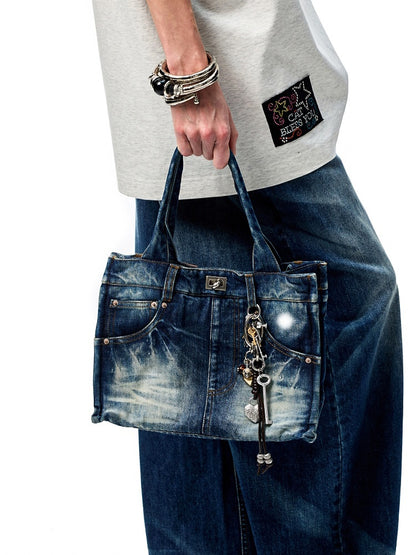 Distressed Printed Denim Embroidered Tote Bag【s0000012934】