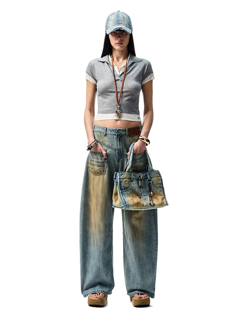 Distressed Printed Denim Embroidered Tote Bag【s0000012934】