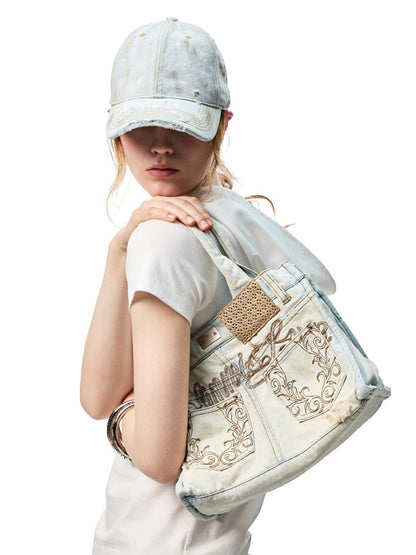 Distressed Printed Denim Embroidered Tote Bag【s0000012934】