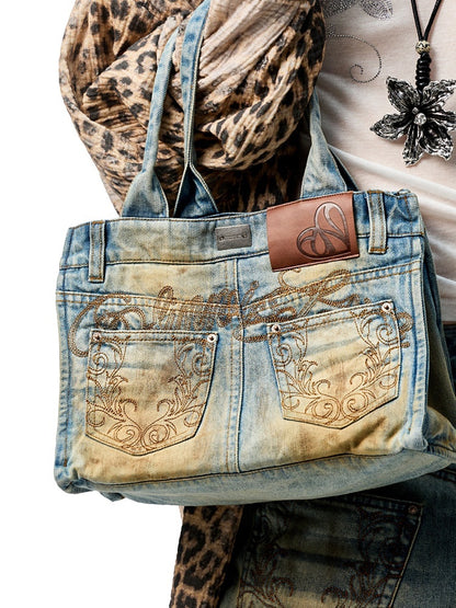 Distressed Printed Denim Embroidered Tote Bag【s0000012934】