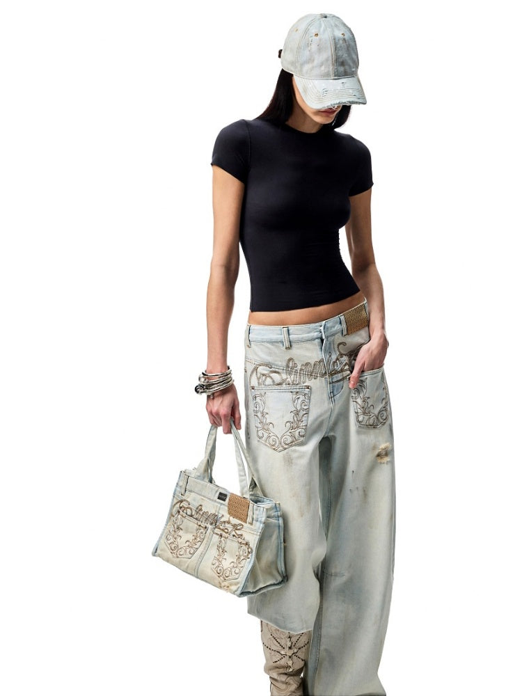 Distressed Printed Denim Embroidered Tote Bag【s0000012934】