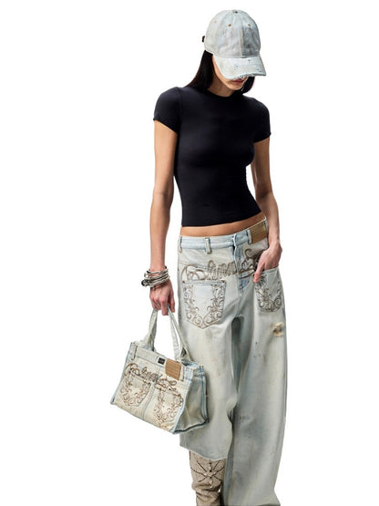 Distressed Printed Denim Embroidered Tote Bag【s0000012934】