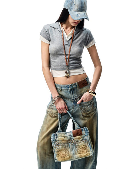 Distressed Printed Denim Embroidered Tote Bag【s0000012934】