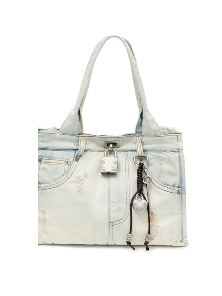 Distressed Printed Denim Embroidered Tote Bag【s0000012934】