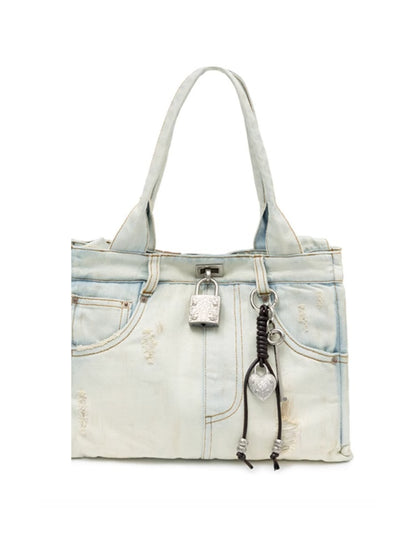 Distressed Printed Denim Embroidered Tote Bag【s0000012934】