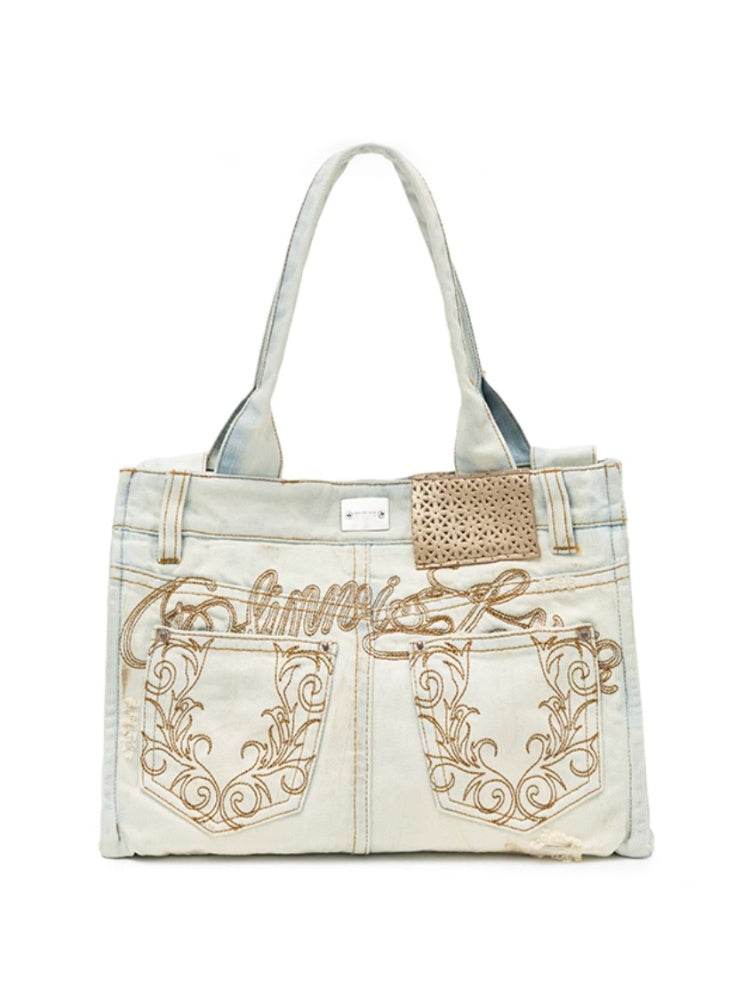 Distressed Printed Denim Embroidered Tote Bag【s0000012934】