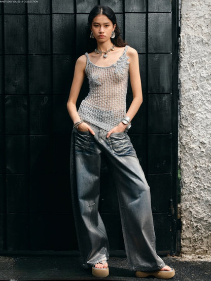 Silver Embroidery Straight Low Rise Wide Leg Denim Pants【s0000012935】