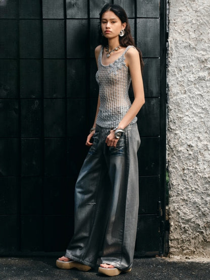 Silver Embroidery Straight Low Rise Wide Leg Denim Pants【s0000012935】