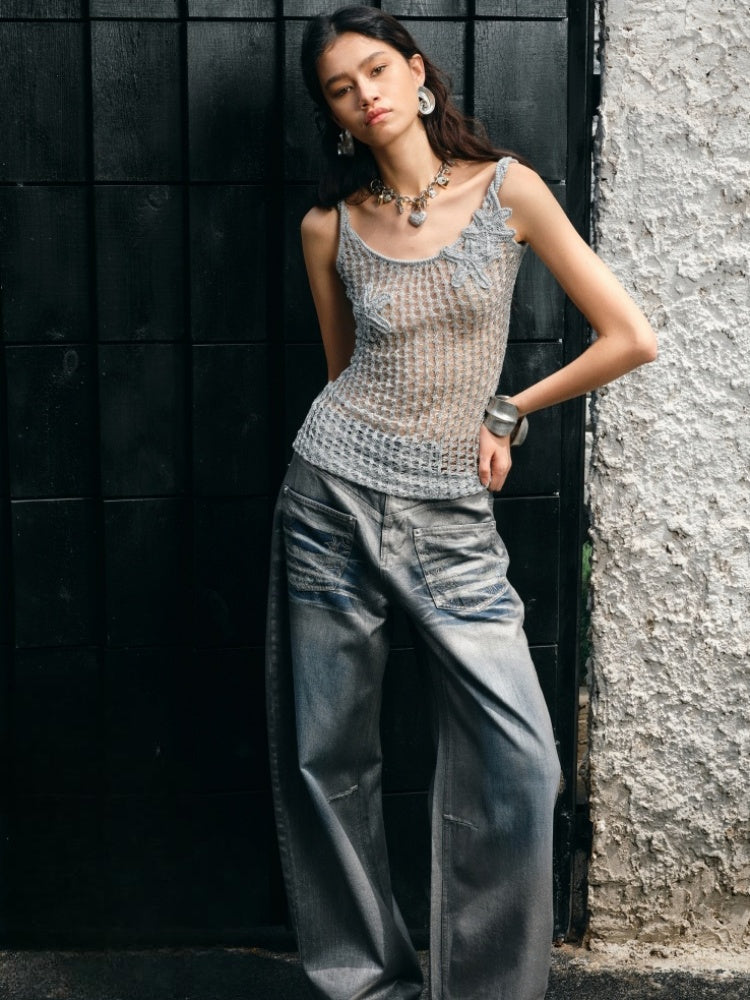 Silver Embroidery Straight Low Rise Wide Leg Denim Pants【s0000012935】