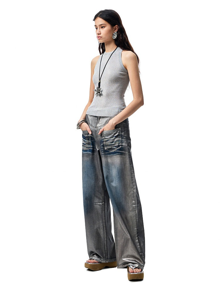 Silver Embroidery Straight Low Rise Wide Leg Denim Pants【s0000012935】