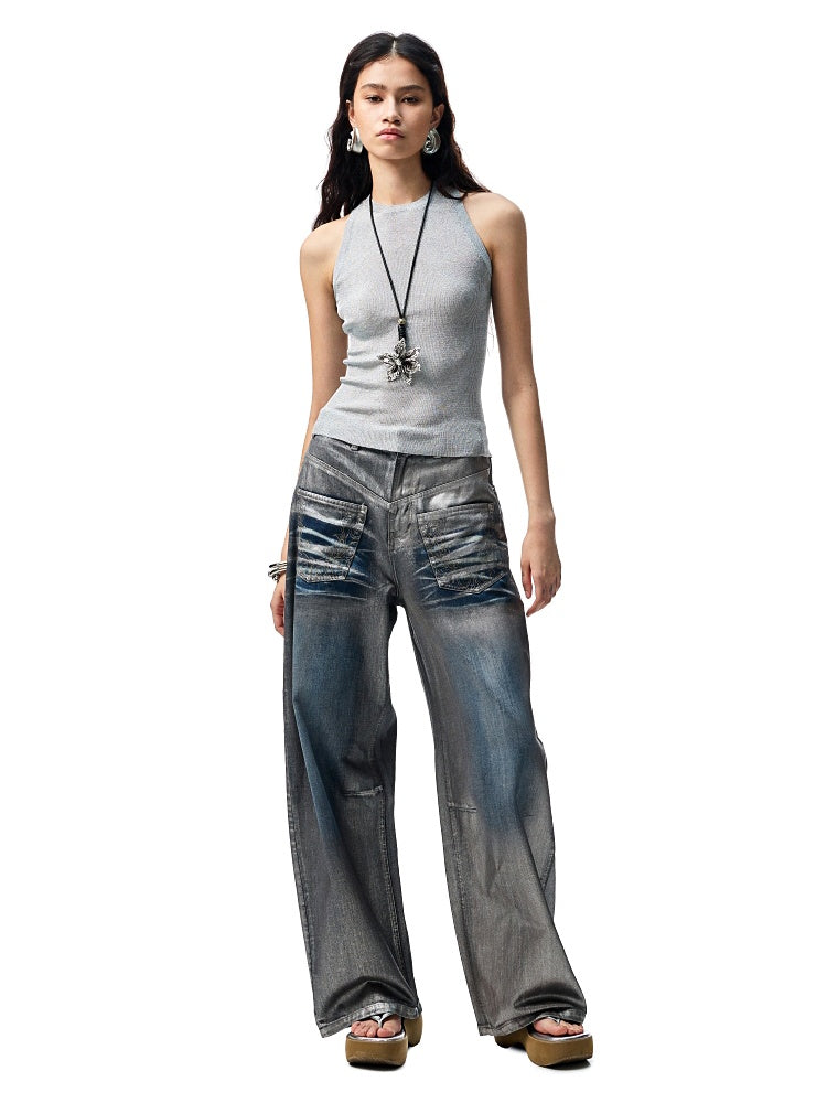 Silver Embroidery Straight Low Rise Wide Leg Denim Pants【s0000012935】