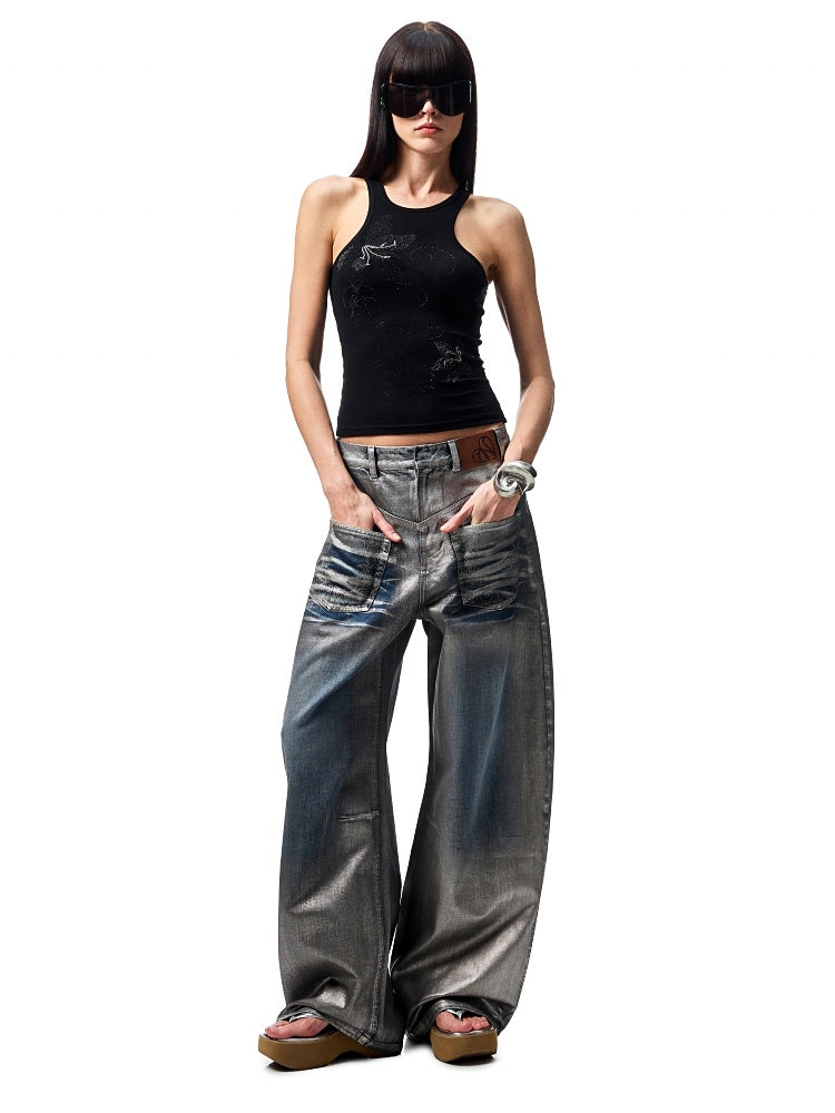 Silver Embroidery Straight Low Rise Wide Leg Denim Pants【s0000012935】