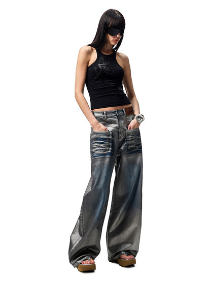 Silver Embroidery Straight Low Rise Wide Leg Denim Pants【s0000012935】