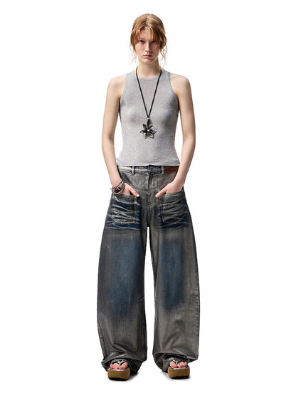 Silver Embroidery Straight Low Rise Wide Leg Denim Pants【s0000012935】