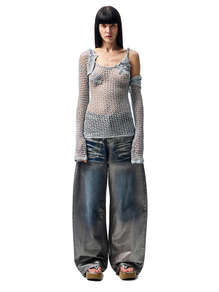 Silver Embroidery Straight Low Rise Wide Leg Denim Pants【s0000012935】