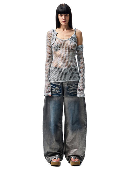 Silver Embroidery Straight Low Rise Wide Leg Denim Pants【s0000012935】