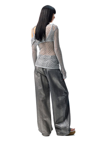 Silver Embroidery Straight Low Rise Wide Leg Denim Pants【s0000012935】