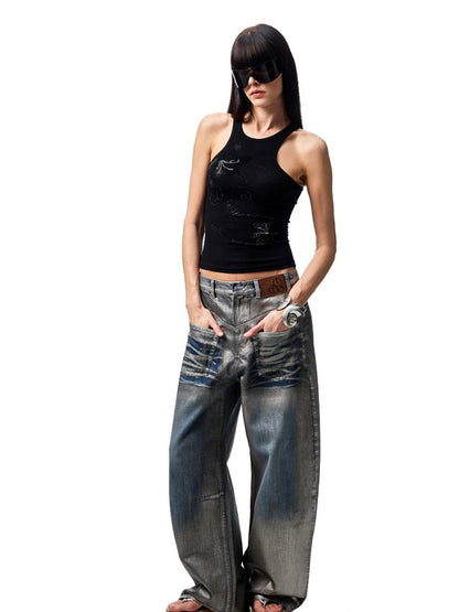 Silver Embroidery Straight Low Rise Wide Leg Denim Pants【s0000012935】