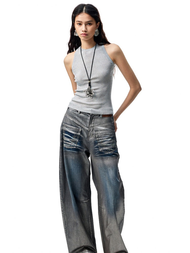 Silver Embroidery Straight Low Rise Wide Leg Denim Pants【s0000012935】
