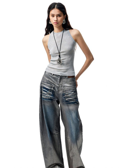 Silver Embroidery Straight Low Rise Wide Leg Denim Pants【s0000012935】