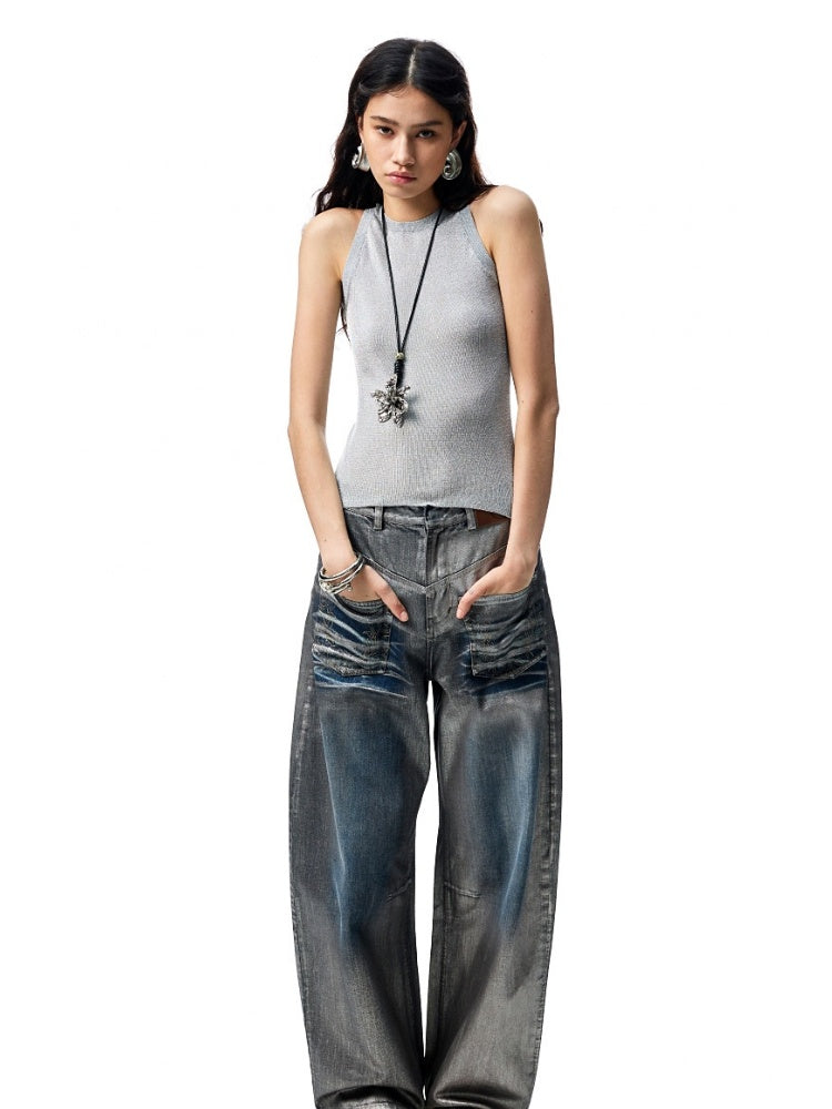 Silver Embroidery Straight Low Rise Wide Leg Denim Pants【s0000012935】