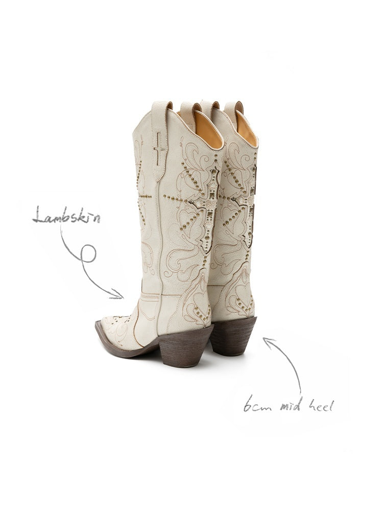 V-Mouth Pointed Toe Lamb Skin Embroidery Cross Vintage Aged Western Cowboy Boots【s0000012936】