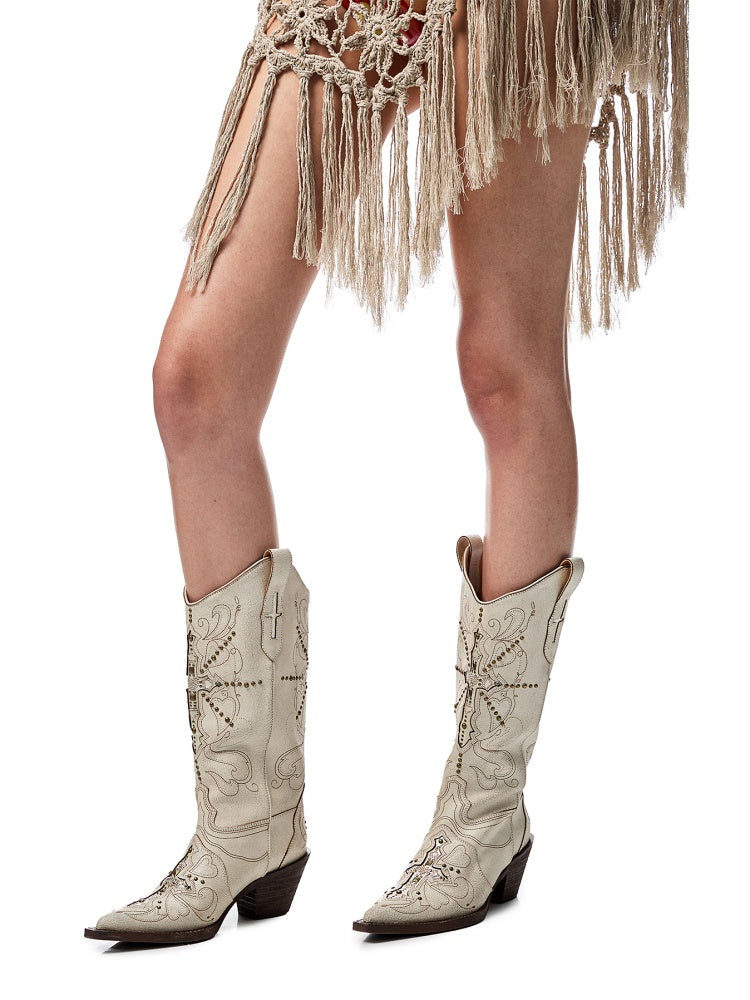 V-Mouth Pointed Toe Lamb Skin Embroidery Cross Vintage Aged Western Cowboy Boots【s0000012936】