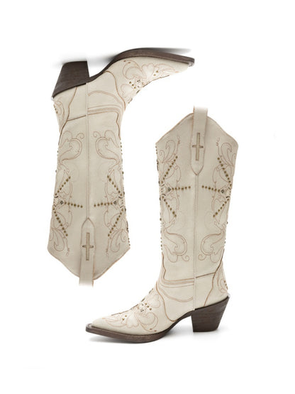 V-Mouth Pointed Toe Lamb Skin Embroidery Cross Vintage Aged Western Cowboy Boots【s0000012936】