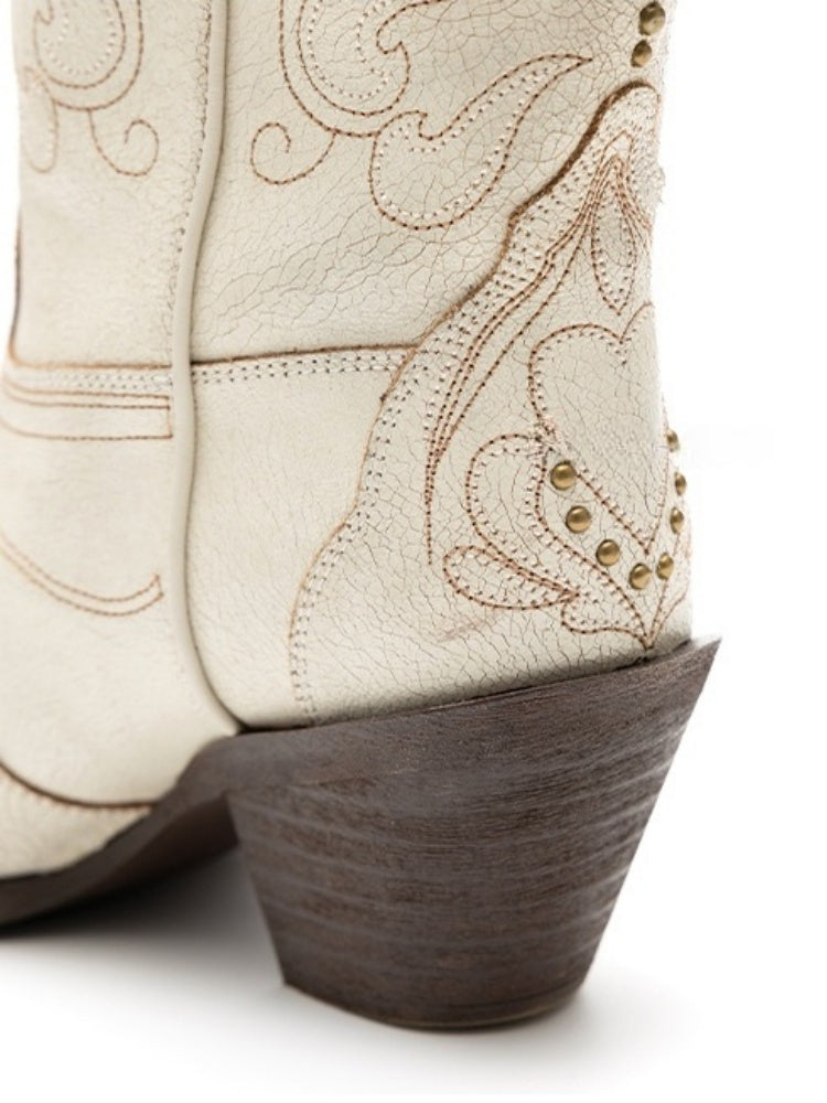 V-Mouth Pointed Toe Lamb Skin Embroidery Cross Vintage Aged Western Cowboy Boots【s0000012936】