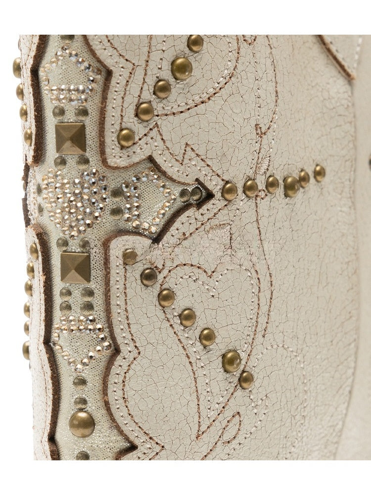 V-Mouth Pointed Toe Lamb Skin Embroidery Cross Vintage Aged Western Cowboy Boots【s0000012936】